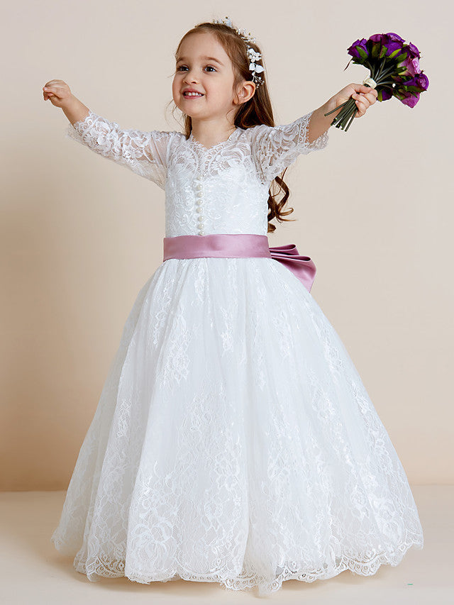 Beautiful Lace Tulle Ball Gown Flower Girl Dress with Long Sleeve V Neck and Sash Ribbon Bow