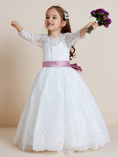 Beautiful Lace Tulle Ball Gown Flower Girl Dress with Long Sleeve V Neck and Sash Ribbon Bow