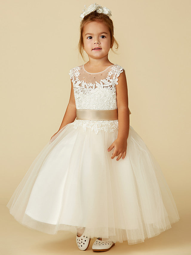 Beautiful Lace Tulle Ball Gown With Belt, Buttons & Beading for Flower Girl Dress