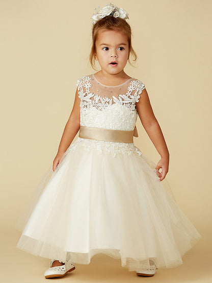 Beautiful Lace Tulle Ball Gown With Belt, Buttons & Beading for Flower Girl Dress