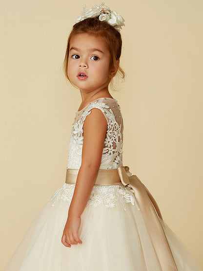 Beautiful Lace Tulle Ball Gown With Belt, Buttons & Beading for Flower Girl Dress