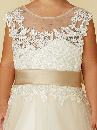 Beautiful Lace Tulle Ball Gown With Belt, Buttons & Beading for Flower Girl Dress
