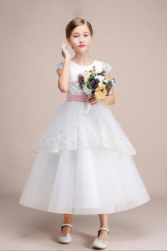 Beautiful Lovely Jewel Cap Sleeves Flower Girl Dress Tulle
