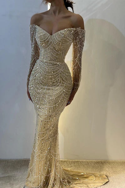 Vintage Champagne Prom Dress Glittering Beaded Sequin Evening Off-the-shoulder Party Dress Long Formal Dress HZ1024