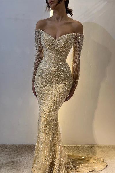 Vintage Champagne Prom Dress Glittering Beaded Sequin Evening Off-the-shoulder Party Dress Long Formal Dress HZ1024