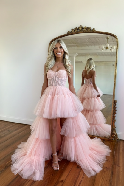 Beautiful Rose Prom Dress with Sleeveless Evening Gown Tulle Train