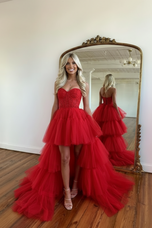 Beautiful Rose Prom Dress with Sleeveless Evening Gown Tulle Train