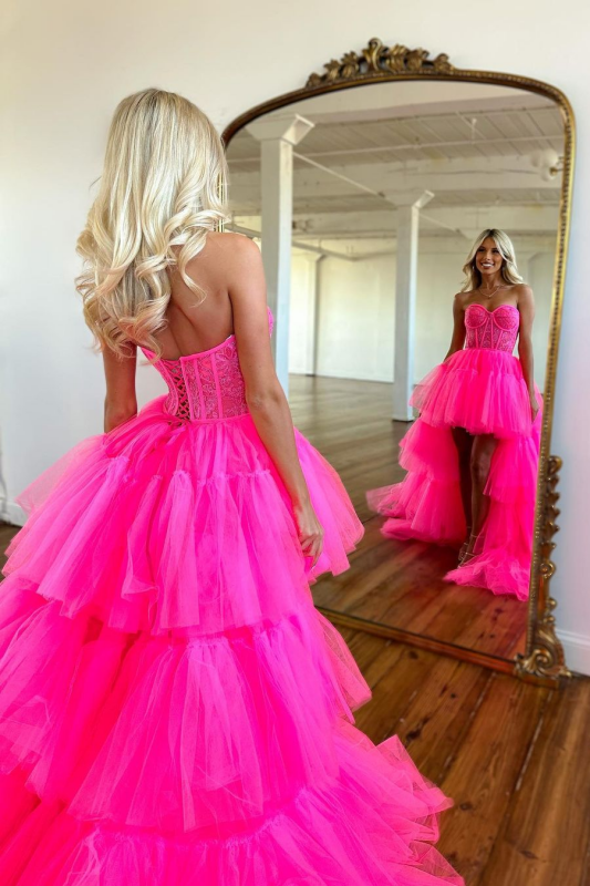 Beautiful Rose Prom Dress with Sleeveless Evening Gown Tulle Train