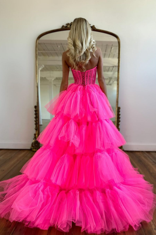Beautiful Rose Prom Dress with Sleeveless Evening Gown Tulle Train