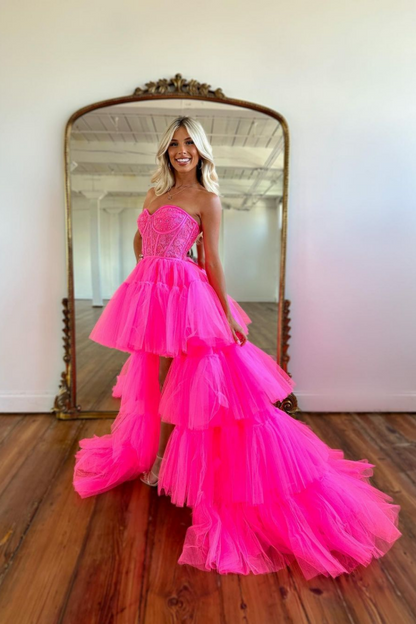 Beautiful Rose Prom Dress with Sleeveless Evening Gown Tulle Train
