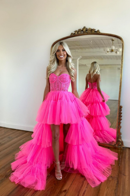 Beautiful Rose Prom Dress with Sleeveless Evening Gown Tulle Train