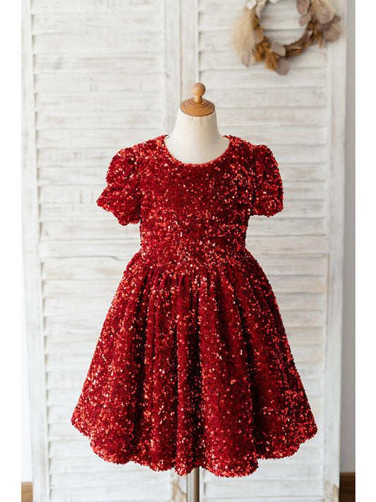 Beautiful Short Sleeve Jewel Neck Knee Length Flower Girl Dress With Sequined