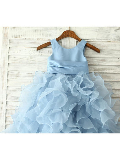 Beautiful Sleeveless Jewel Neck Flower Girl Dress With Sash & Ribbon Flower