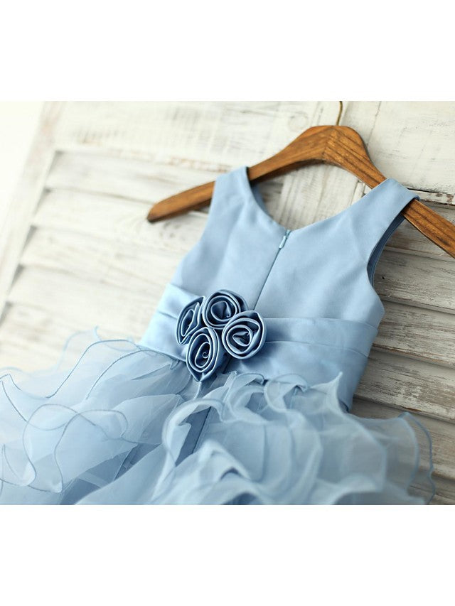 Beautiful Sleeveless Jewel Neck Flower Girl Dress With Sash & Ribbon Flower