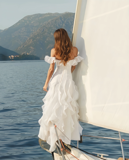 Elegant White Ruffles Prom Dress Off-the-shoulder Evening Gown Party Dress Long Formal Dress HZ1024