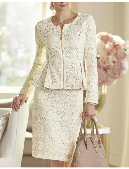 Two Piece Sheath / Column Mother of the Bride Dress Wedding Guest Elegant Party Scoop Neck Knee Length Lace Long Sleeve Wrap Included with Solid Color