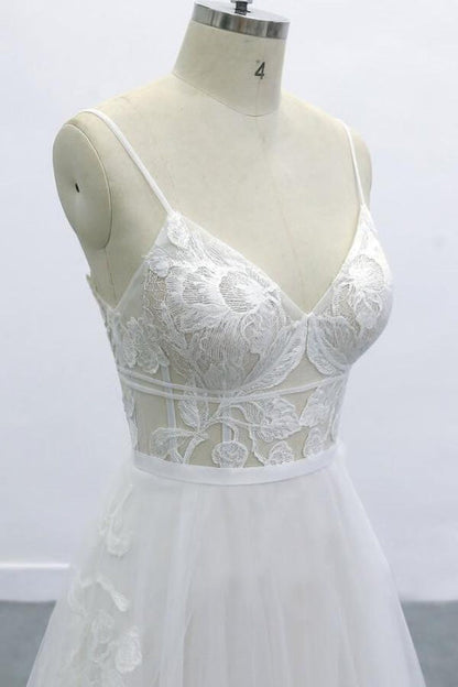 Best Spaghetti Strap Appliques Tulle Wedding Dress