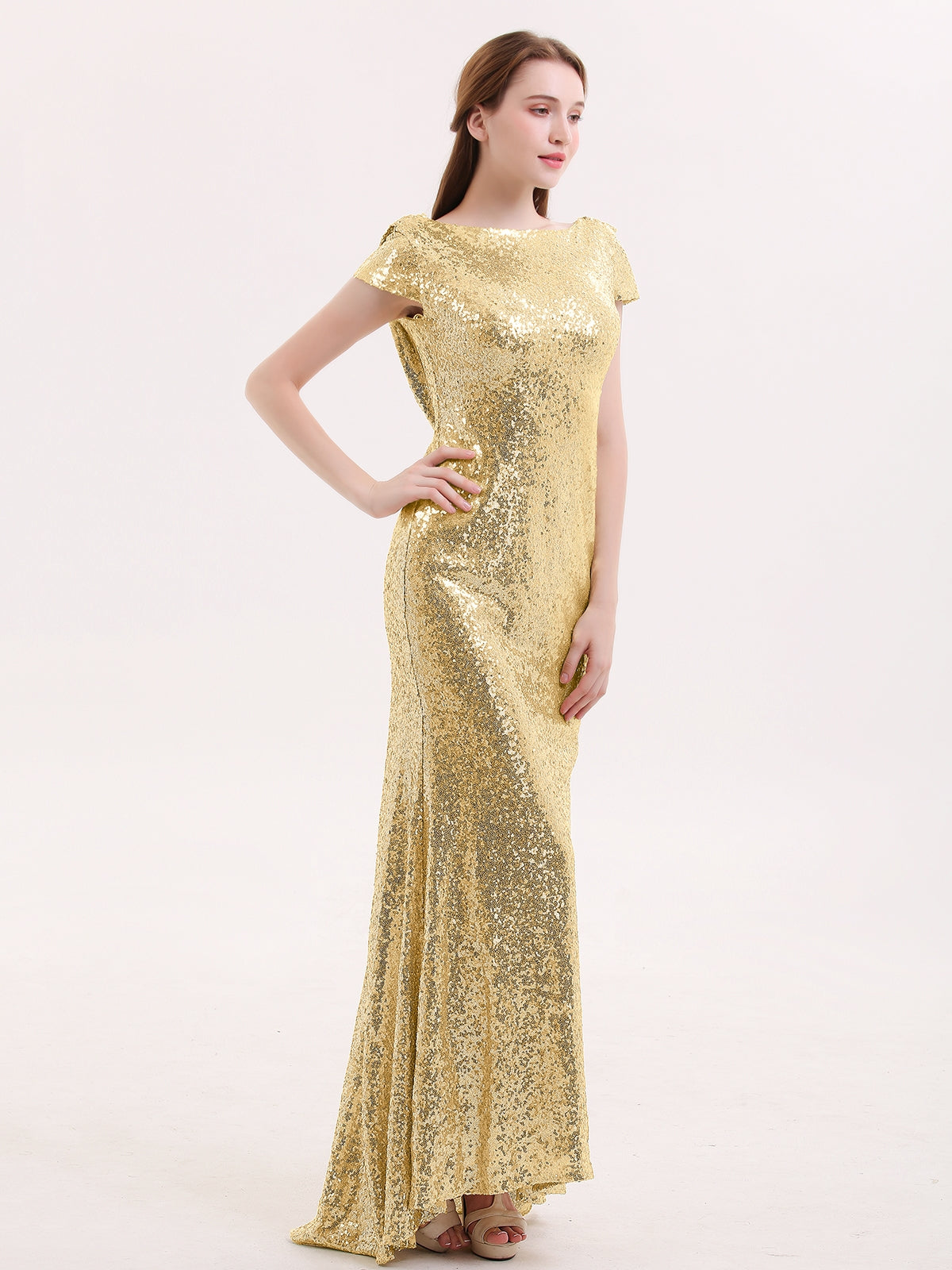 Sequins Lace Bridesmaid Dress with Cap Sleeves Gold