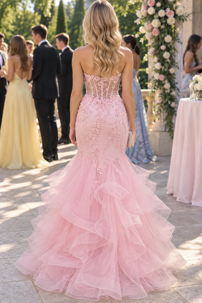 Pink Strapless Sleeveless Appliques Mermaid Ruffles Long Prom Dress
