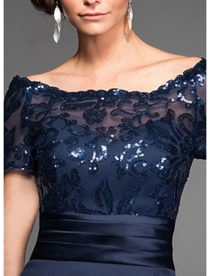 Sheath / Column Mother of the Bride Dress Wedding Guest Elegant Off Shoulder Knee Length Chiffon Lace Tulle Short Sleeve with Lace Sequin