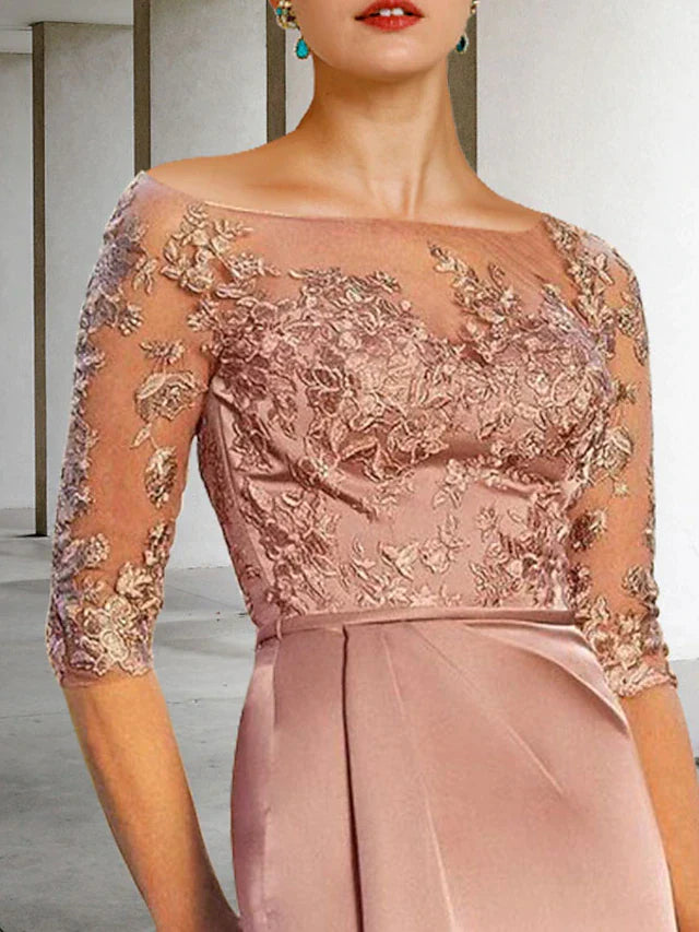 Sheath / Column Mother of the Bride Dress Vintage Elegant Jewel Neck Knee Length Lace Charmeuse Half Sleeve with Appliques Side-Draped