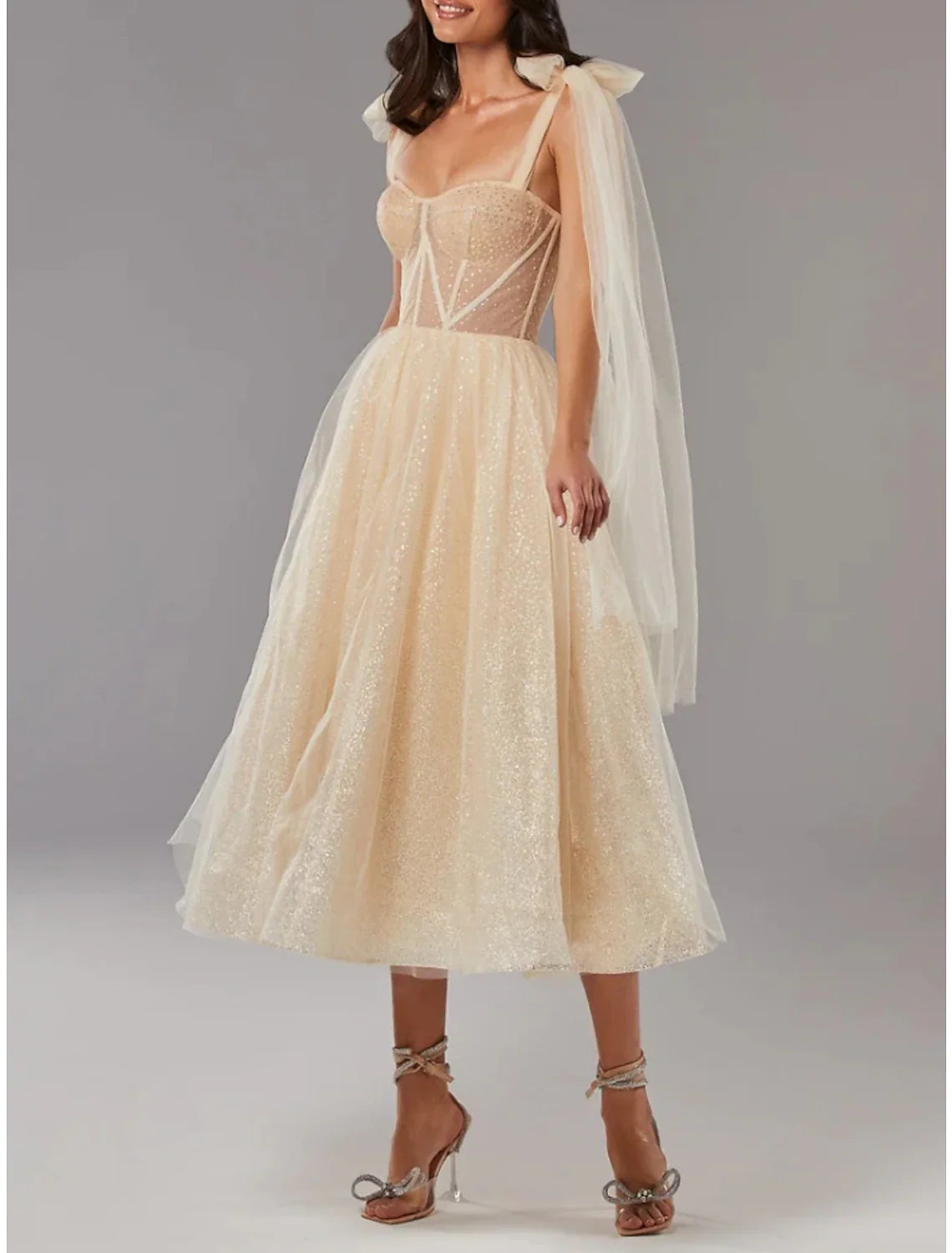 A-Line Prom Dresses Elegant Dress Formal Tea Length Sleeveless Sweetheart Tulle with Pleats Sequin 2025