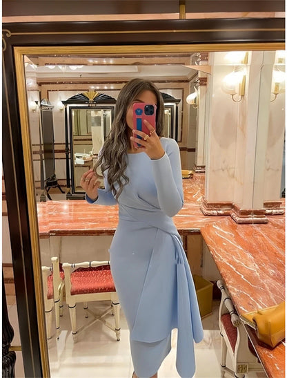 Wholesale Sheath Formal Dress Cocktail Dresses Elegant Red Green Dress Formal Fall Knee Length Long Sleeve Jewel Neck Stretch Fabric with Pleats Ruched
