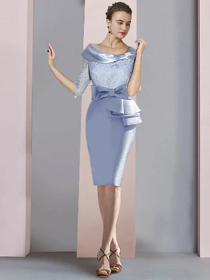 Sheath / Column Mother of the Bride Dress Wedding Guest Party Elegant Scoop Neck Knee Length Satin Lace Half Sleeve with Bow(s) Ruching
