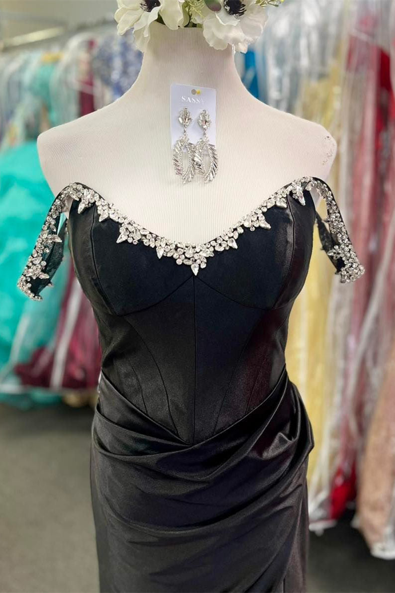 Off the Shoulder Beaded Blue Mermaid Prom Dress with Slit