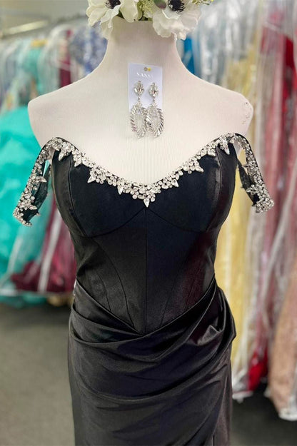 Off the Shoulder Beaded Blue Mermaid Prom Dress with Slit