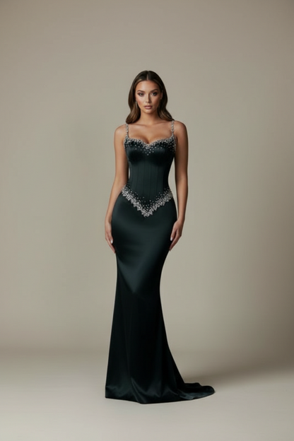 Black Beaded Straps Prom Dress Long Sweetheart Formal Dress