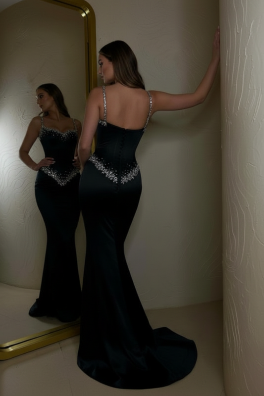 Black Beaded Straps Prom Dress Long Sweetheart Formal Dress
