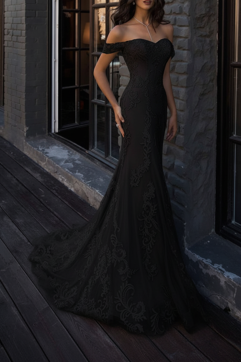 Boho Wedding Dresses Mermaid Off The Shoulder Lace Short Sleeve Bridal Gown With Sweep Train