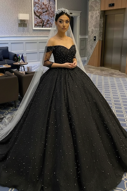 Elegant Off-the-Shoulder Backless Wedding Dress with Pearl Beading