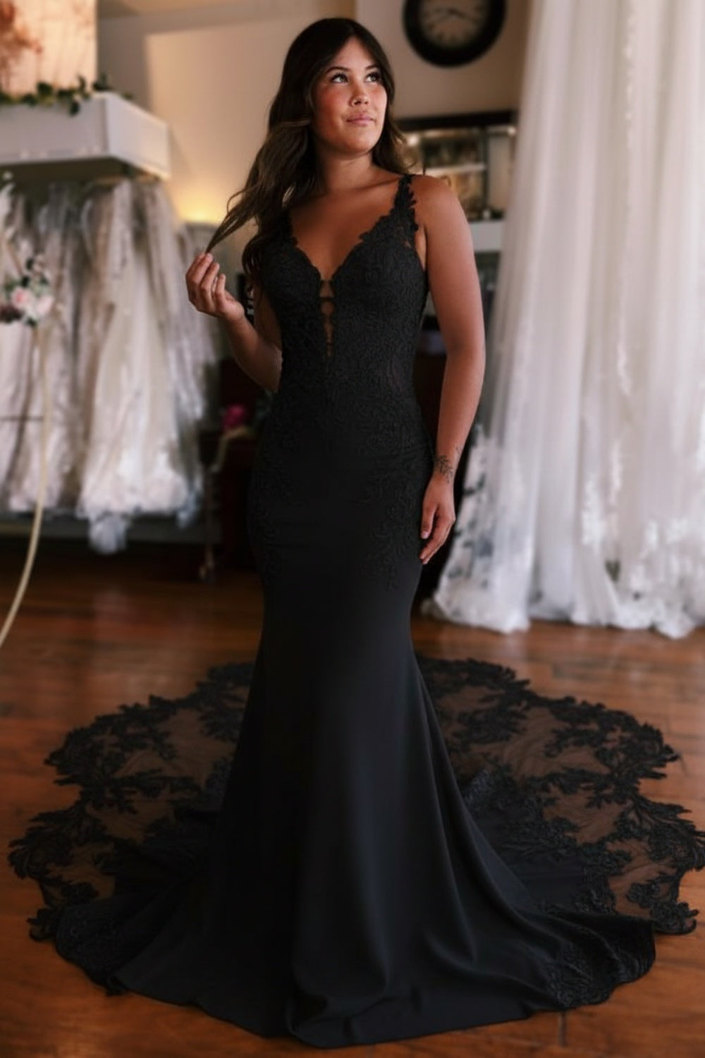 Ivory Mermaid Wedding Dress with Lace Appliques & Cathedral Train