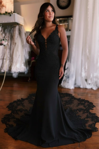 Ivory Mermaid Wedding Dress with Lace Appliques & Cathedral Train