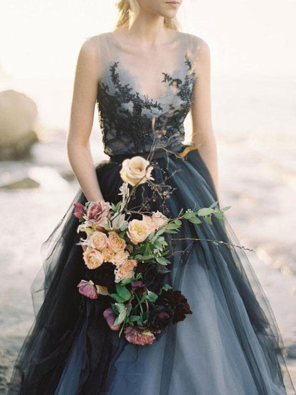 Black Gothic Wedding Dresses Dramatic A-Line Lace Bridal Gown