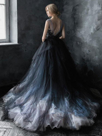 Black Gothic Wedding Dresses Dramatic A-Line Lace Bridal Gown