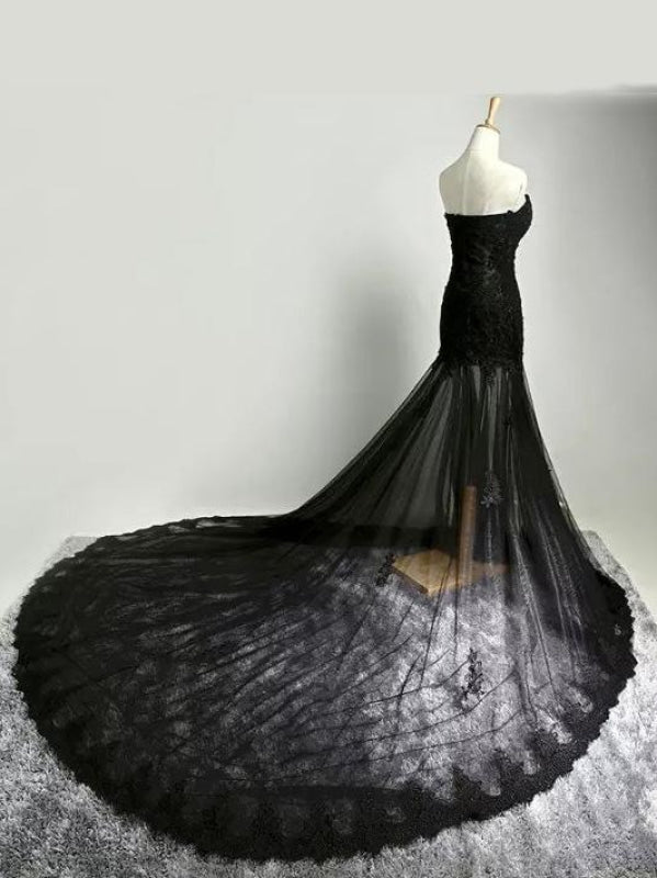 Black Lace Applique Wedding Dress with Lace-Up Back Gothic Bridal Gown