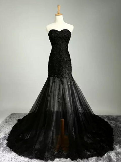 Black Lace Applique Wedding Dress with Lace-Up Back Gothic Bridal Gown