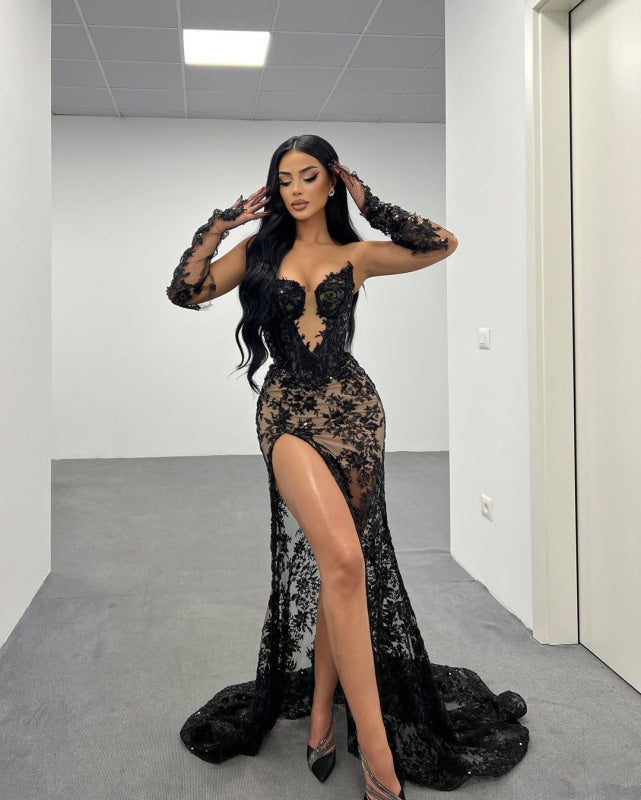 Black Lace Long Prom Dress with High Slit Gown Gloves Design