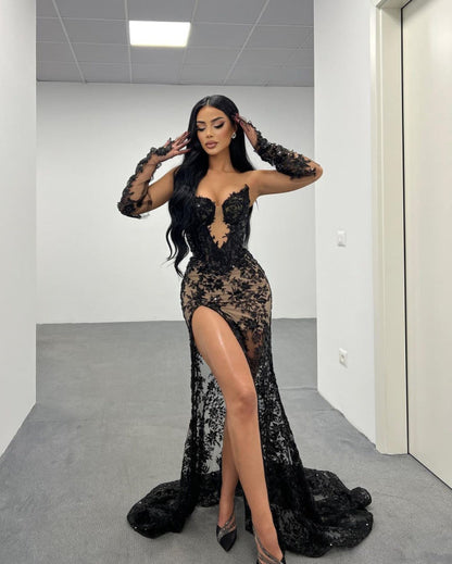 Black Lace Long Prom Dress with High Slit Gown Gloves Design