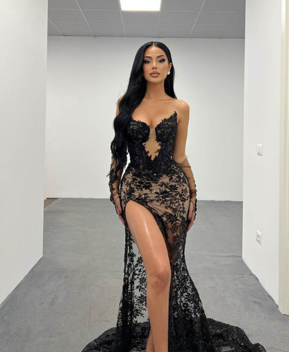 Black Lace Long Prom Dress with High Slit Gown Gloves Design