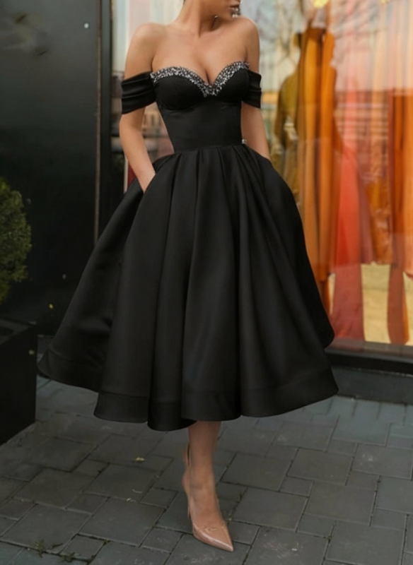 Off Shoulder Satin Tea Length Prom Dresses Sequins Pink Formal Graduation Evening Dresses
