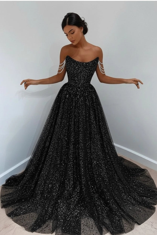 Sparkly Sky Blue Off-the-Shoulder Prom Dress Long with Sequins