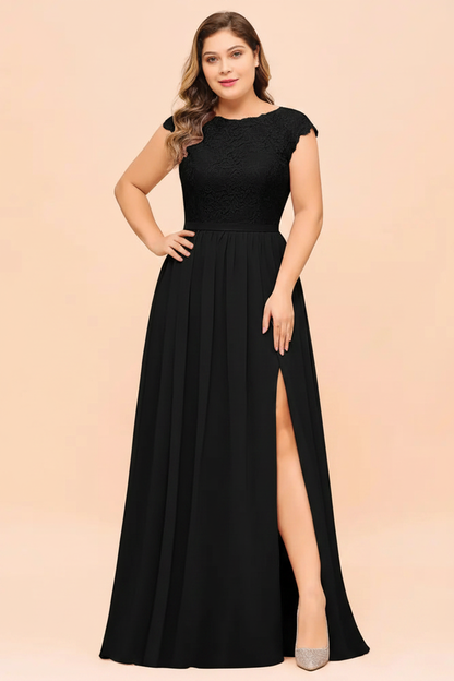 Plus Size Bridesmaid Dress Lace with Split Cap Sleeves Chiffon Wedding Guest Dress