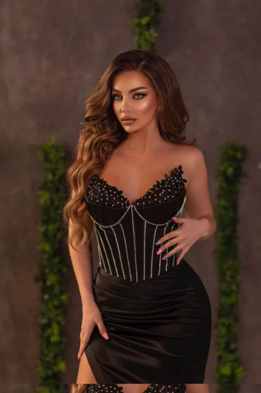 Black Prom Dress V Neck Strapless with Slit Beadings