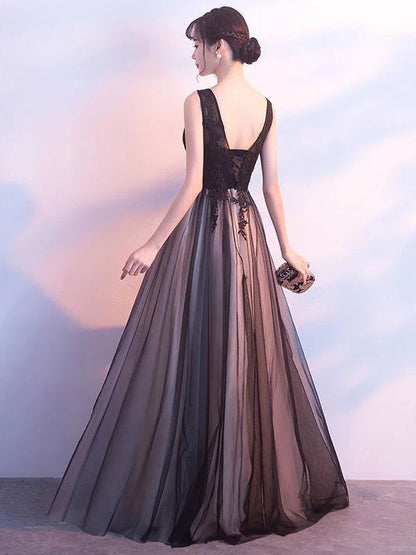 Black Prom Dresses Long V Neck Lace Tulle Sleeveless Aline Formal Evening Dress