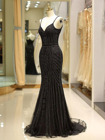 Black Prom Dresses Mermaid Luxury Heavy Beaded Straps Long Formal Evening Dress