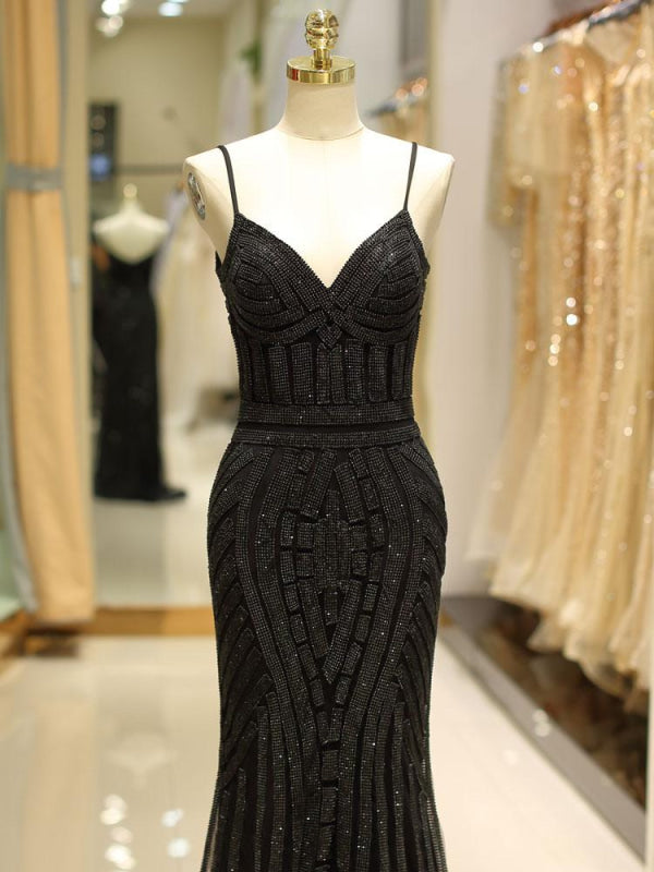 Black Prom Dresses Mermaid Luxury Heavy Beaded Straps Long Formal Evening Dress